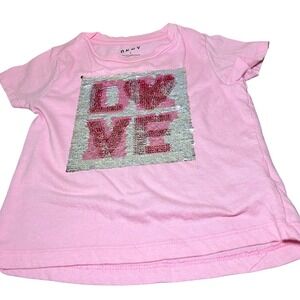 DKNY T-Shirt Kids Size 4 Pink Flip Sequin LOVE Heart Graphic Tee